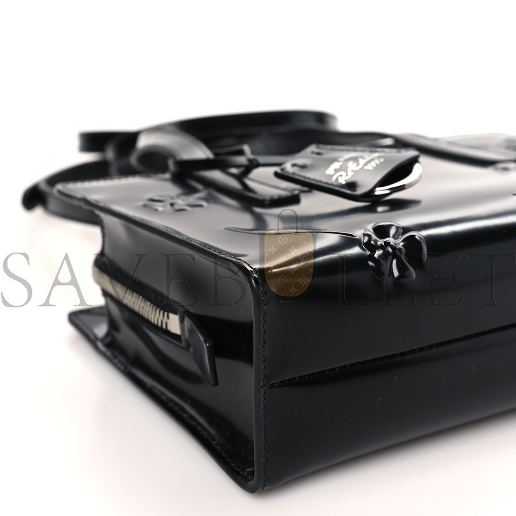 Pra*a brushed calfskin floral mini re-edition 1995 tote black (22*15*7cm)