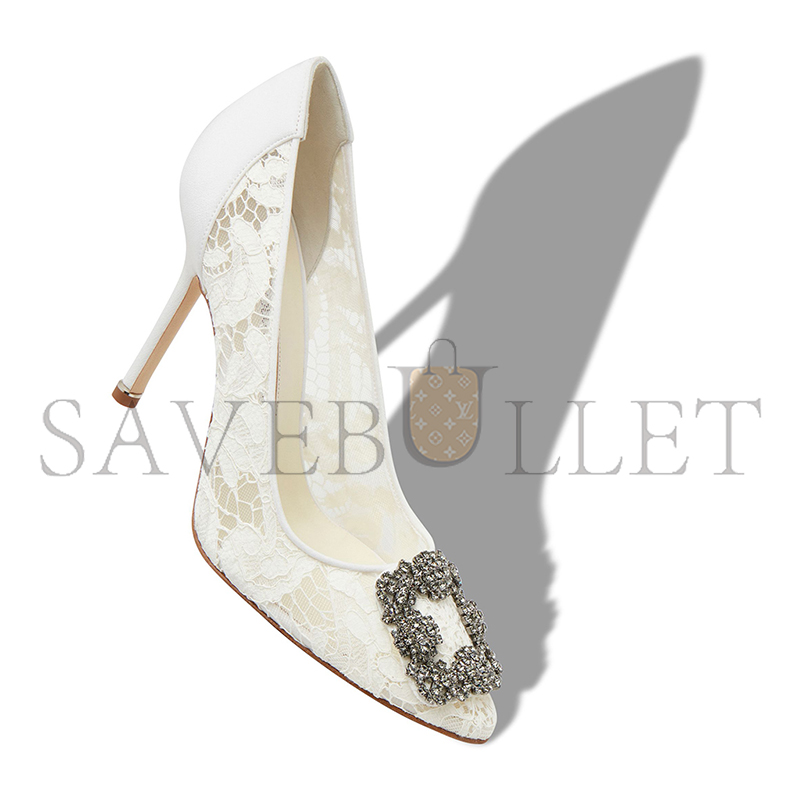MANOLO BLAHNIK HANGISI LACE LIGHT CREAM LACE JEWEL BUCKLE PUMPS 9XX-0698-0012