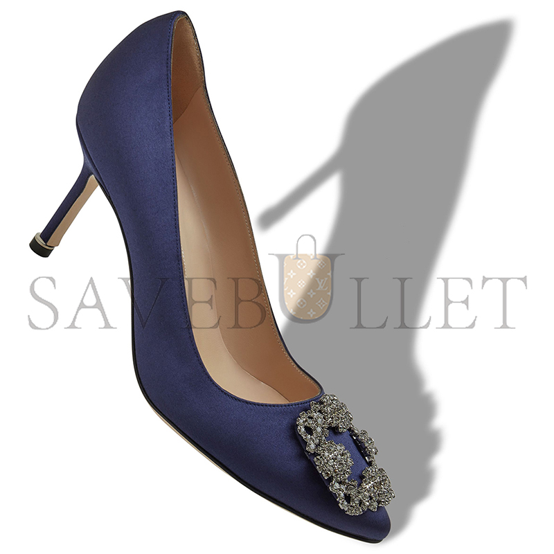 MANOLO BLAHNIK HANGISI 70 NAVY BLUE SATIN JEWEL BUCKLE PUMPS 9XX-0662-0050