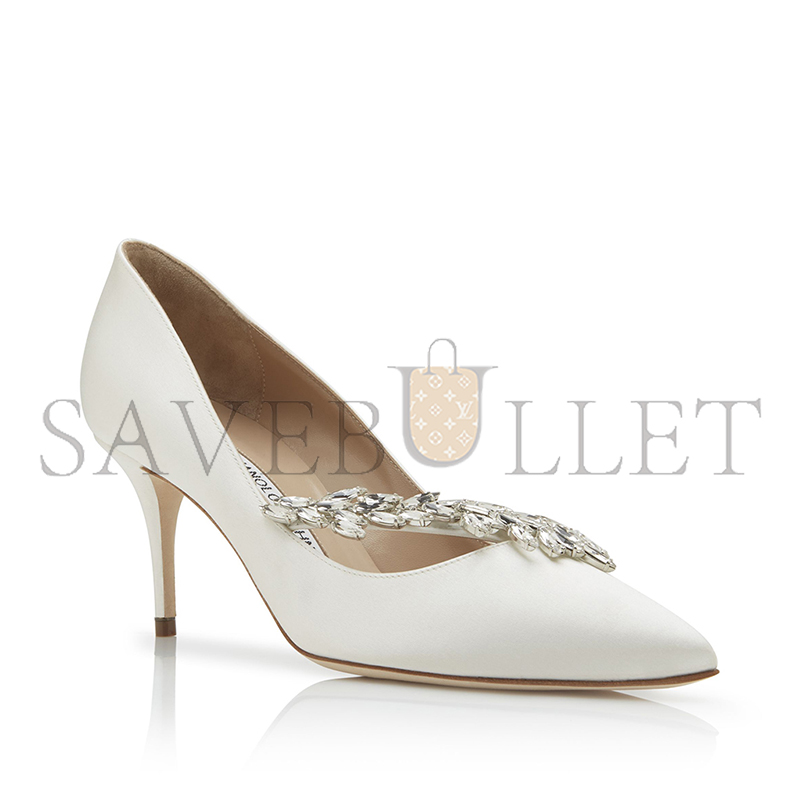 MANOLO BLAHNIK NADIRA 70 WHITE SATIN JEWEL BUCKLE PUMPS 9XX-0368-0050