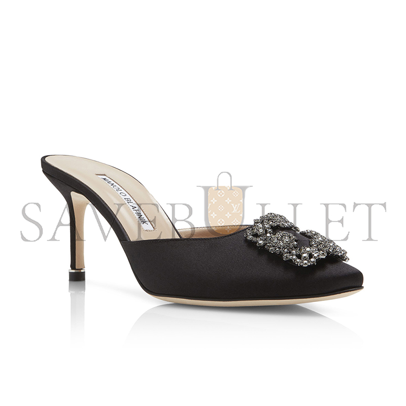 MANOLO BLAHNIK HANGISIMU BLACK SATIN JEWEL BUCKLE MULES 9XX-0726-0054