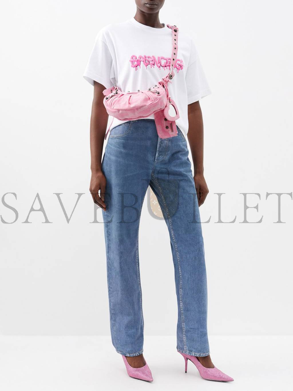 Ba*len*cia*ga pink le cagole xs logo-print denim shoulder bag matchesfashion us (25.6*11.4*7.3cm)