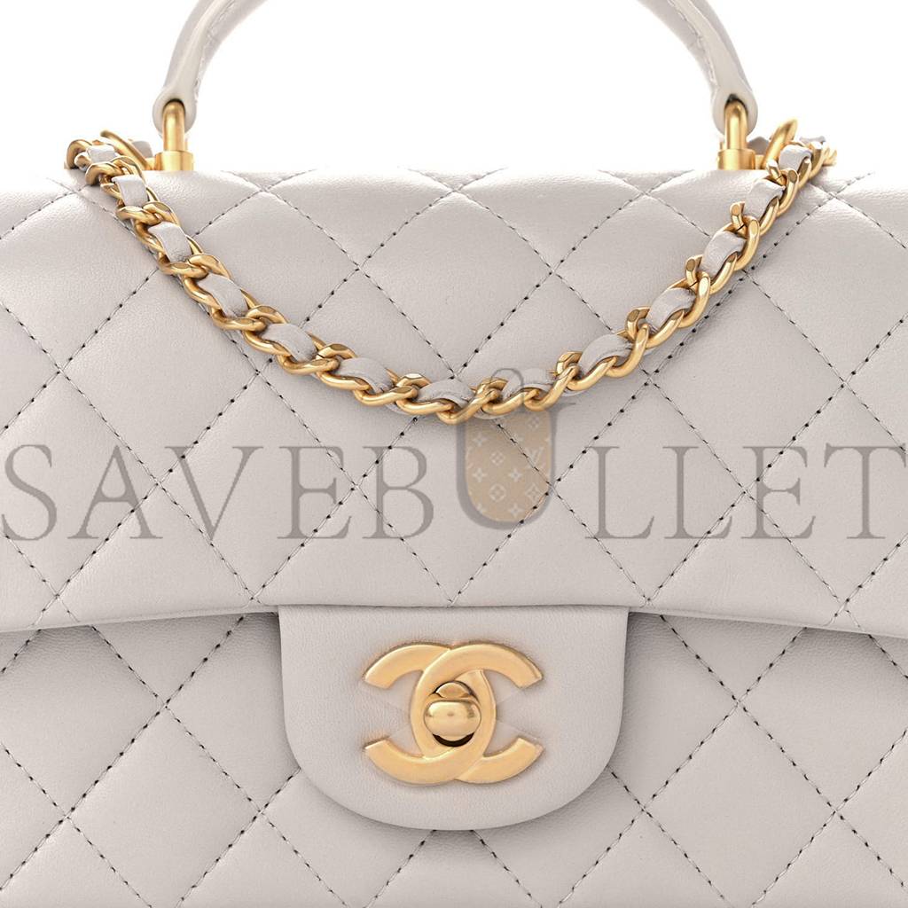 Ch*el lambskin quilted mini top handle rectangular flap grey gold hardware (20*13*6cm)