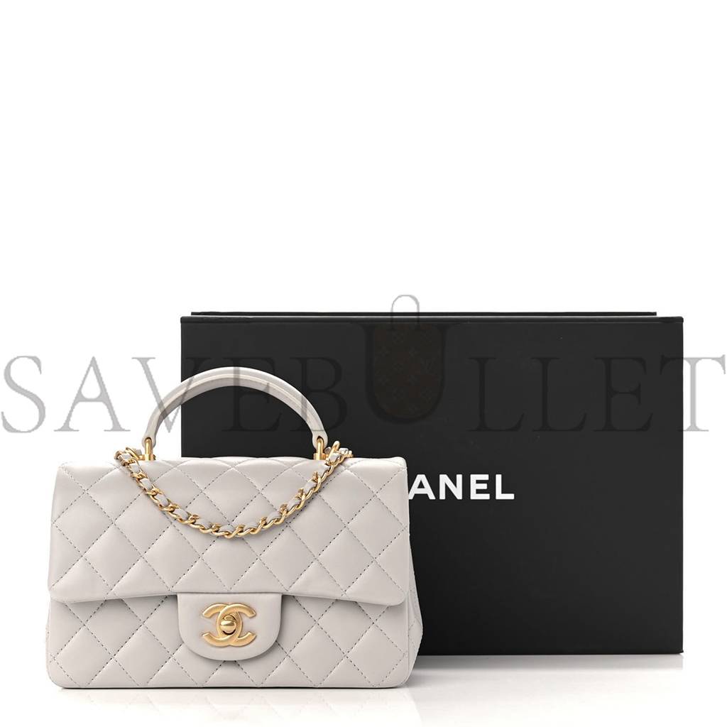 Ch*el lambskin quilted mini top handle rectangular flap grey gold hardware (20*13*6cm)