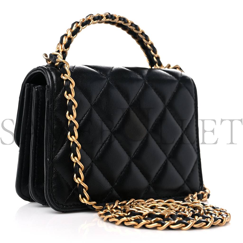 Ch*el lambskin quilted chain top handle clutch with chain black gold hardware (13*10*6cm)