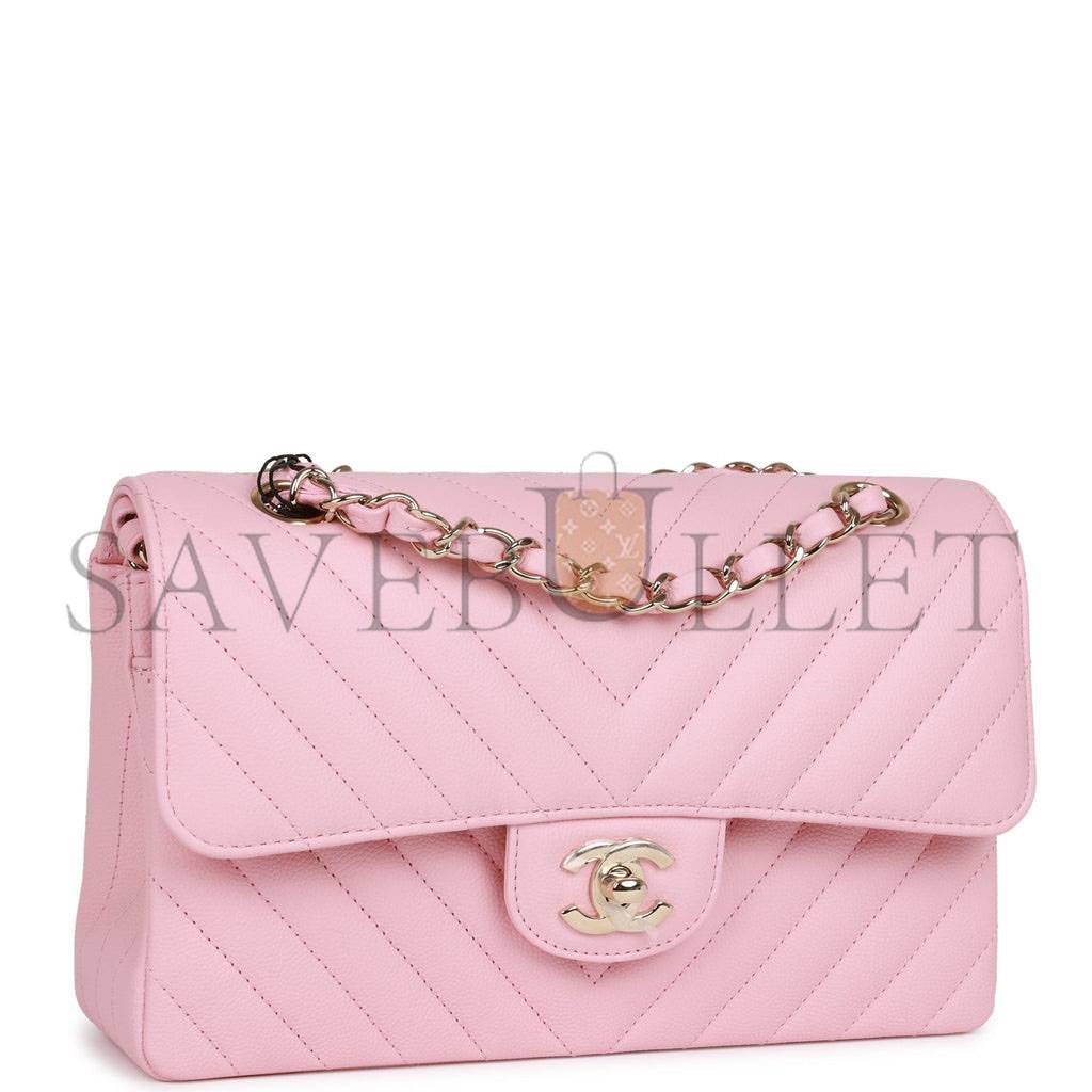 Ch*el small chevron classic double flap pink calfskin light gold hardware (23*13*6cm)