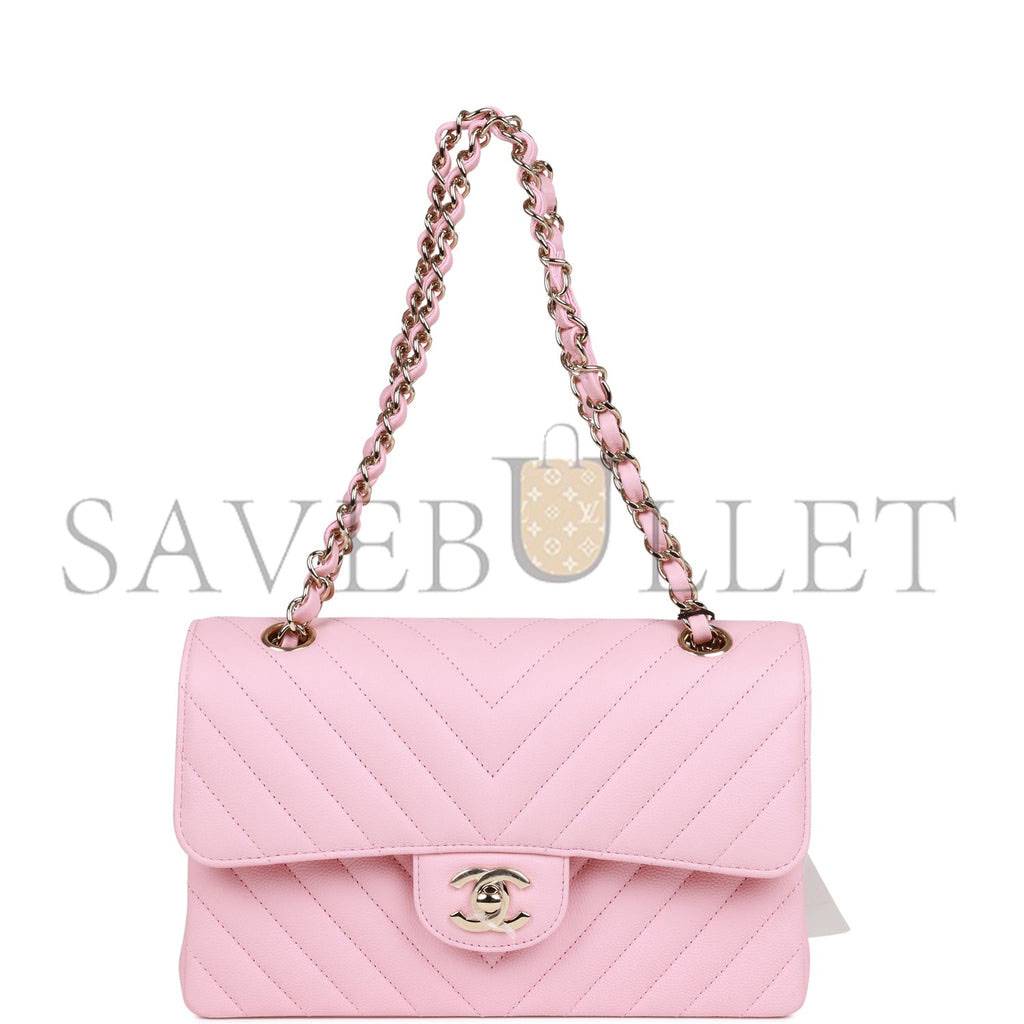 Ch*el small chevron classic double flap pink calfskin light gold hardware (23*13*6cm)