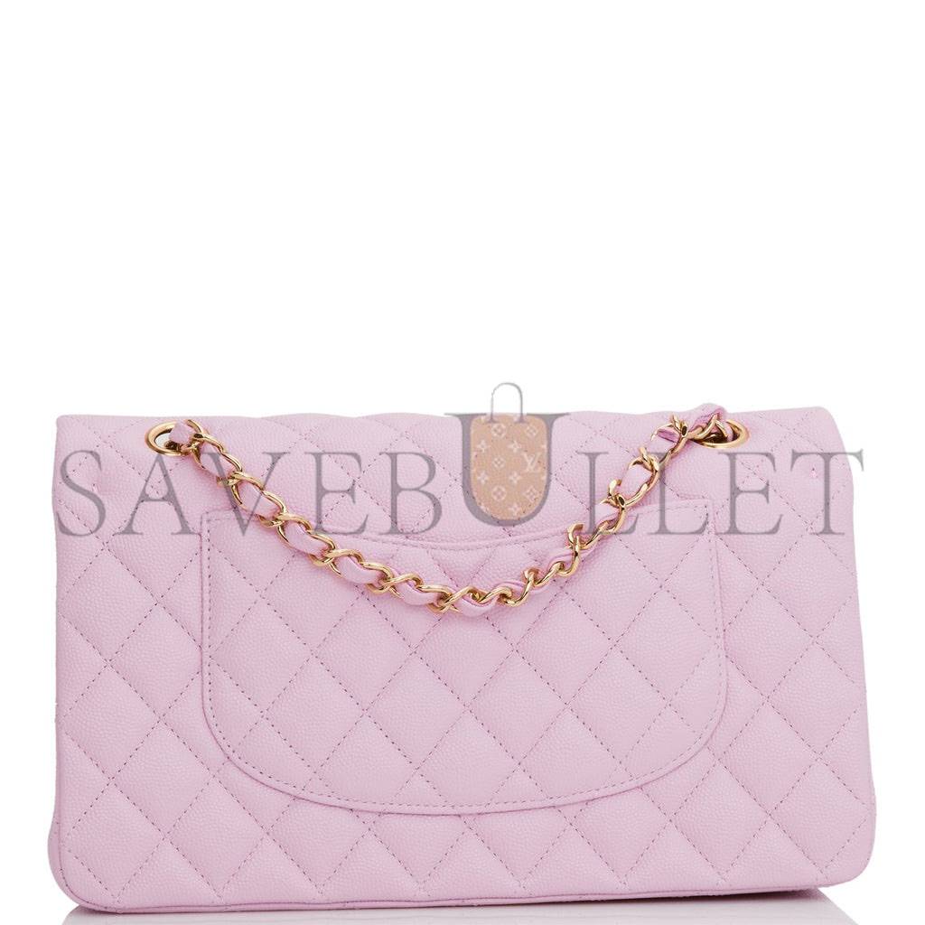 Ch*el medium classic double flap bag rose clair caviar light gold hardware (25*15*7cm)
