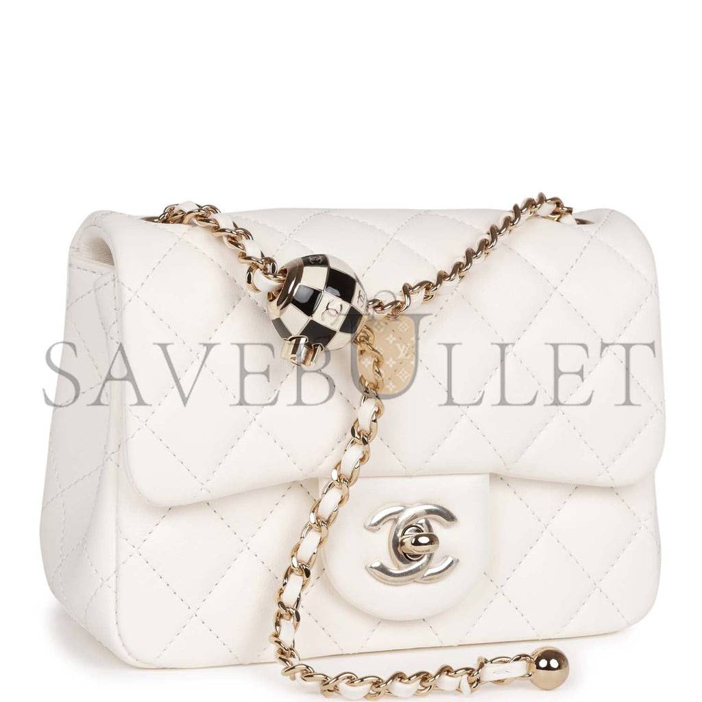 Ch*el pearl crush mini square flap bag white lambskin light gold hardware (17*14*8cm)
