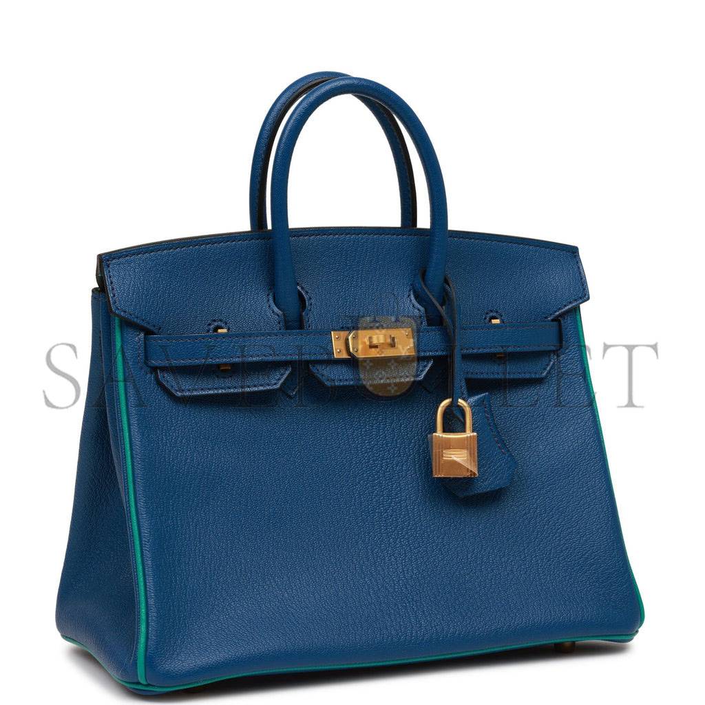 H**mes special order (hss) birkin 25 bleu saphir and vert vertigo chevre brushed gold hardware handmade (25.cm)