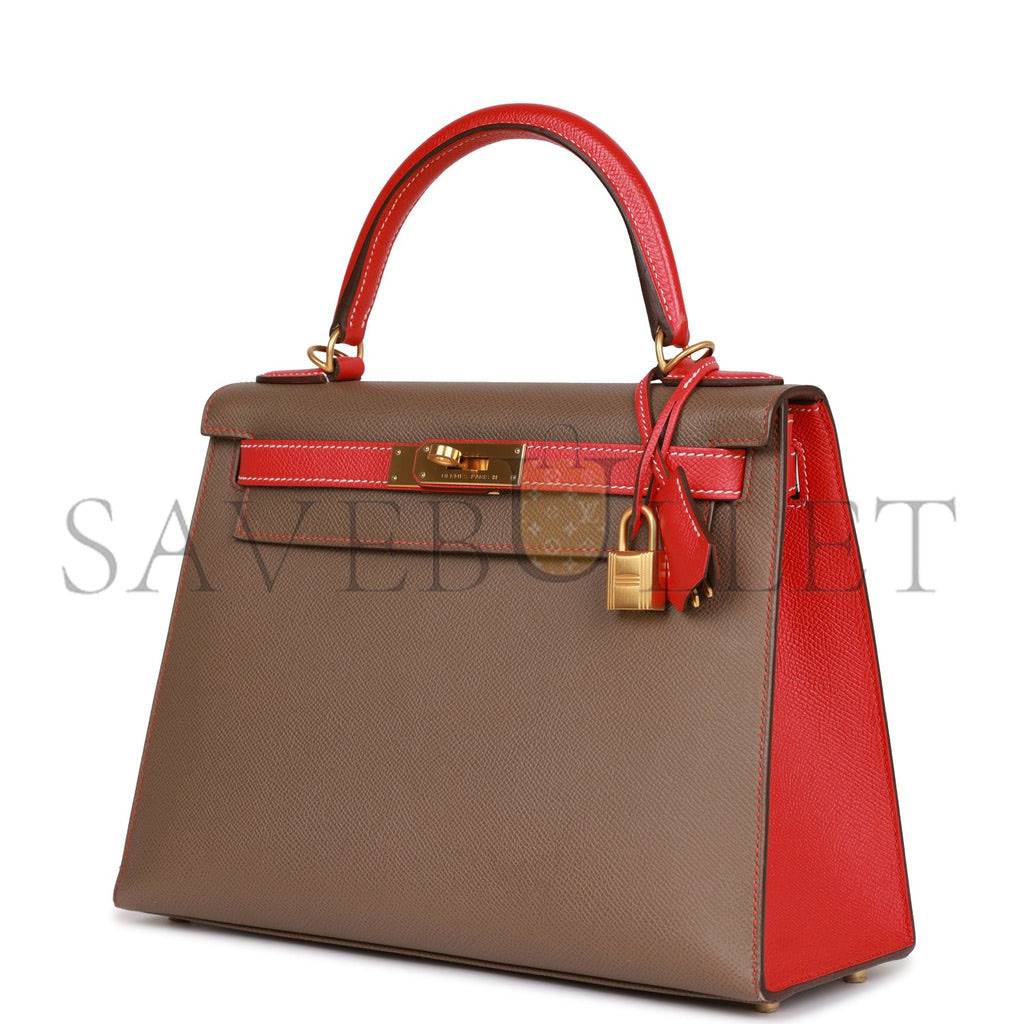 H**mes special order (hss) kelly sellier 28 etoupe and rouge tomate epsom brushed gold hardware (28*22*10cm)