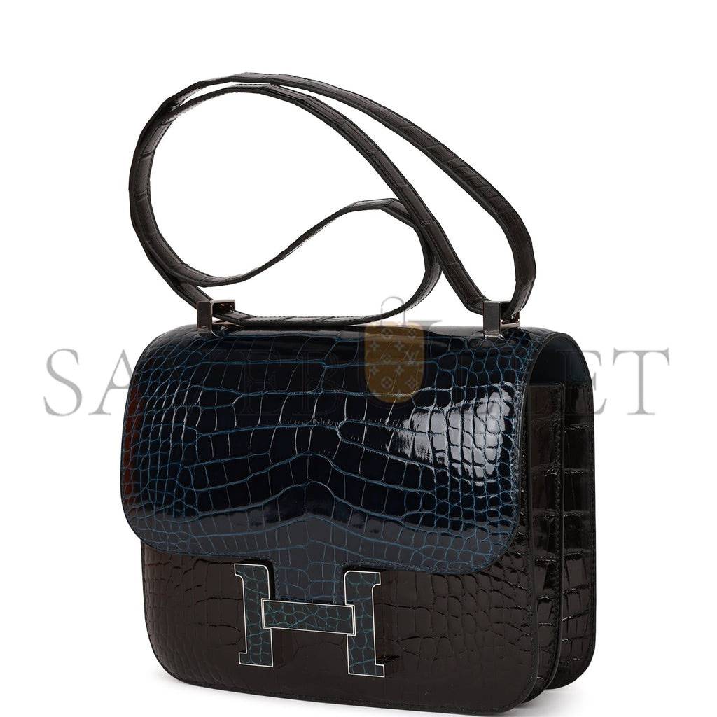 H**mes constance 24 tri-color black, bleu baltique and vert rousseau shiny alligator palladium hardware (24cm)